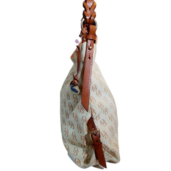 Dooney & Bourke Signature DB Logo Cream Canvas Braided Leather Shoulder Handbag - Picture 2 of 13